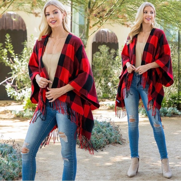 Beautiful Buffalo plaid print front fringe drape over fall winter kimono - Picture 2 of 4
